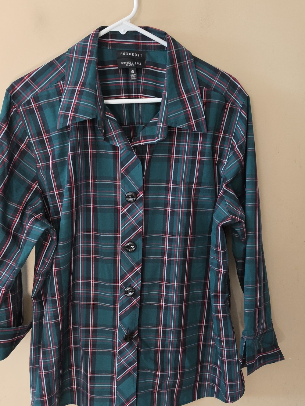 Foxcroft Teal and Black Plaid Long Sleeve Button-Front Shirt